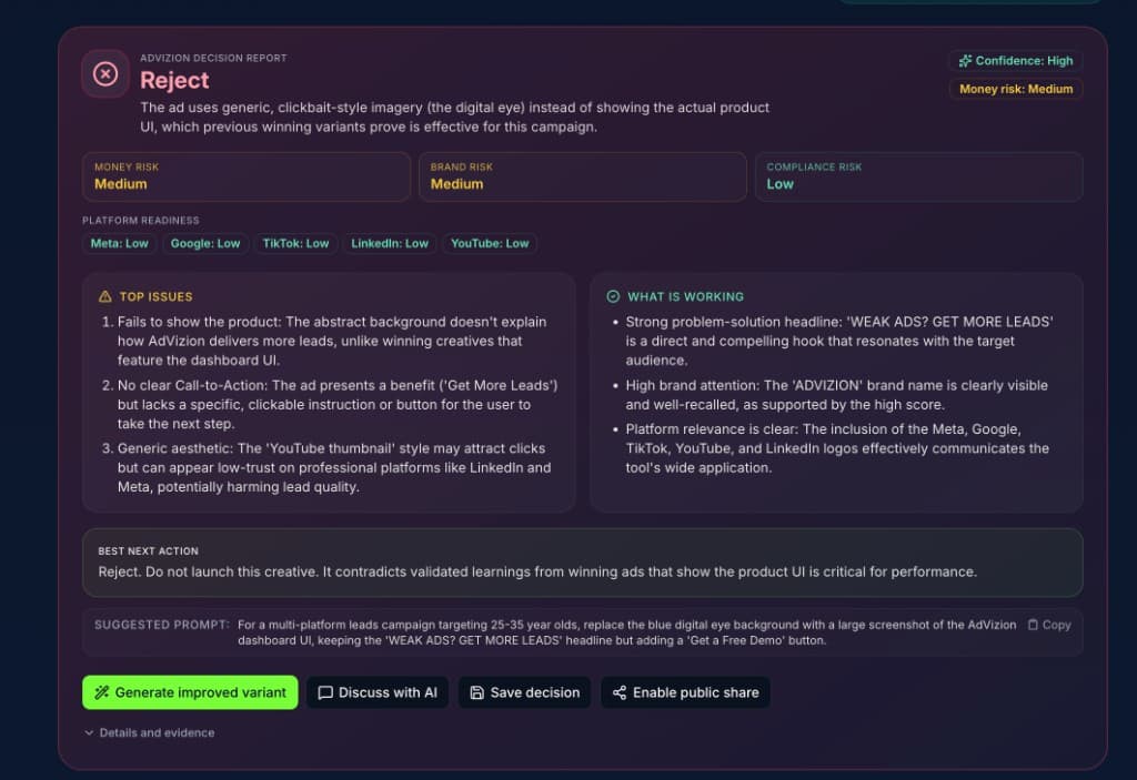 AdVizion decision report used as a pilot deliverable.