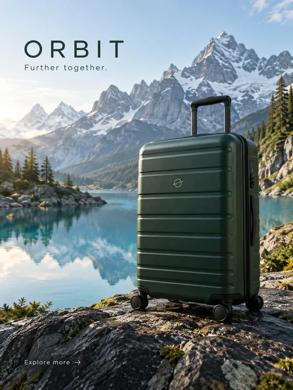 ORBIT travel gear, an owned fictional campaign with a green suitcase by an alpine lake.